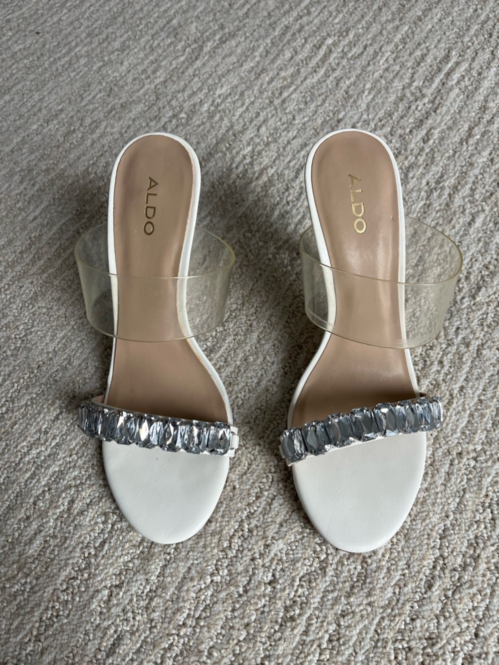 ALDO White Jeweled Slide Mules with Clear Strap